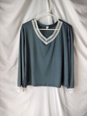 Sleep Wear Lace-Trim V-Neck Long Sleeve Top - Slate Blue